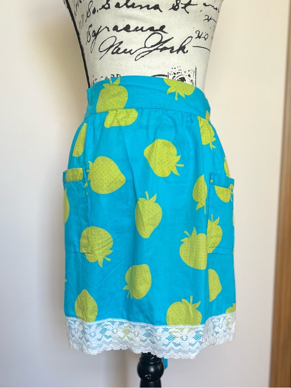 Vintage Strawberry Print Blue Half Apron Hand Crafted